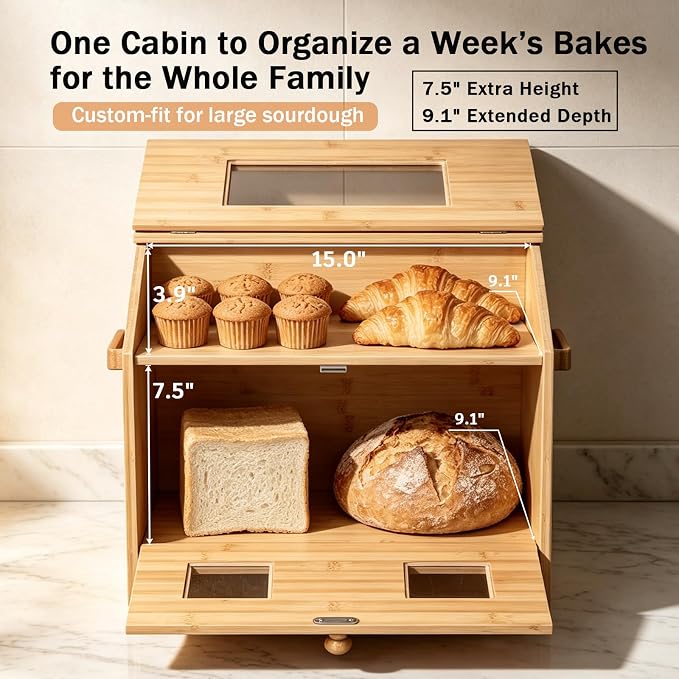 Large Bread Box for Homemade Bread: 9.1" Deep 2-Tier Fits 95% of Artisan | Countertop Storage Fit 2 Big Loaves & Multiple Pastries - Farmhouse Bamboo Contaniner with Cutting Board & Knife Holder - Image 7