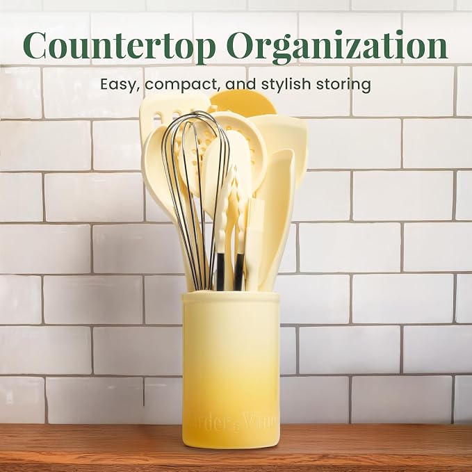 Larder & Vine 12-Piece Silicone Kitchen Cooking Utensils Set with Stainless Steel Handle and Ceramic Holder, Dishwasher Safe Set of Kitchen Essentials (Limoncello) - Image 6