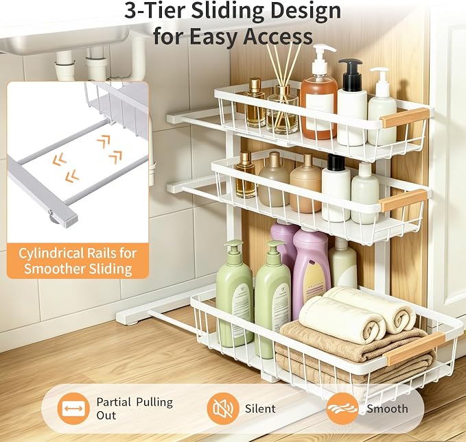 3 Tier Grid Pull Out Organizer White 2 Pack Sliding Rack | White grid dual organizer set for stable multi layer storage in kitchen bathroom and under sink cabinet organization - Image 3