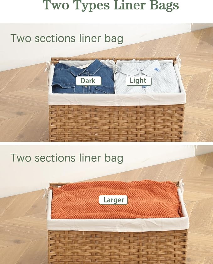 SETVSON Storage Basket with Lid, 2-Lid PE Rattan Storage Bin, Natural | 105L Storage Bin with 2 Separate Lids, 2 Removable Liners for Clothes & Blankets, Sturdy Metal Frame, PE Rattan - Image 5