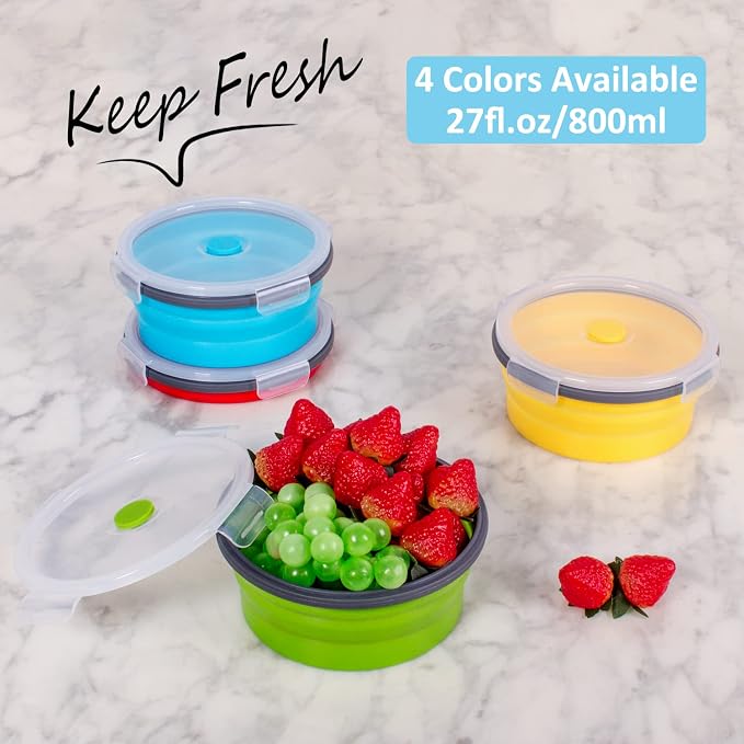 Collapsible Food Storage Containers with Airtight Lid, 27 oz, Kitchen Stacking Silicone Collapsible Meal Prep Container Set for Leftover, Microwave Freezer Dishwasher Safe, 4 Colors Round, Set of 4 - Image 2