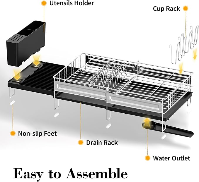 Delamu Large Dish Drying Rack, Stainless Steel Dish Racks for Kitchen Counter, Multifunctional Dish Drainer with Cutlery & Cup Holders, Extendable from 13.4 to 28.7 in, Black - Image 7