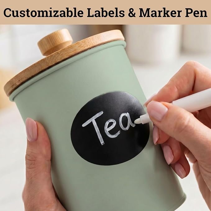 Kitchen Canisters for Countertop Set of 4 w/ Chalkboard Labels & Marker Pen | Airtight Easy Open Bamboo Lids, Dent-Resistant Thick Metal, Customizable Chalkboard Labels, Marker Pen Included, Set of 4 - Image 5