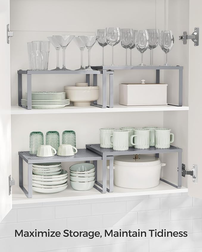 SONGMICS Spice Racks, Set of 2 Metal Cabinet Shelf Organizers, Countertop Organizers, Shelf Risers, Stackable, Expandable, Silver UKCS01SV - Image 4