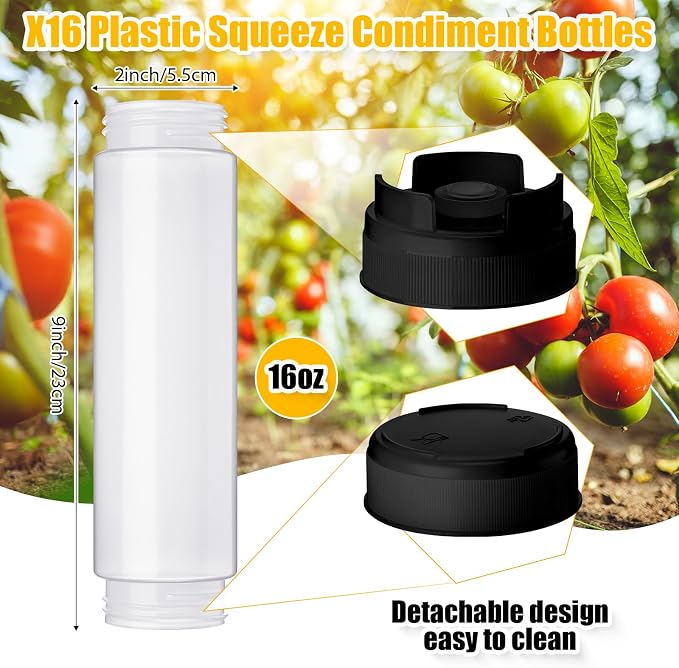 Roshtia 16 Pcs 16 oz Squeeze Bottle Condiment Squeeze Bottle Inverted Plastic Squeeze Bottle for Sauce Refillable Self Sealing Sauce Dispenser for Liquids Reusable Restaurants Kitchen(Black, White) - Image 2