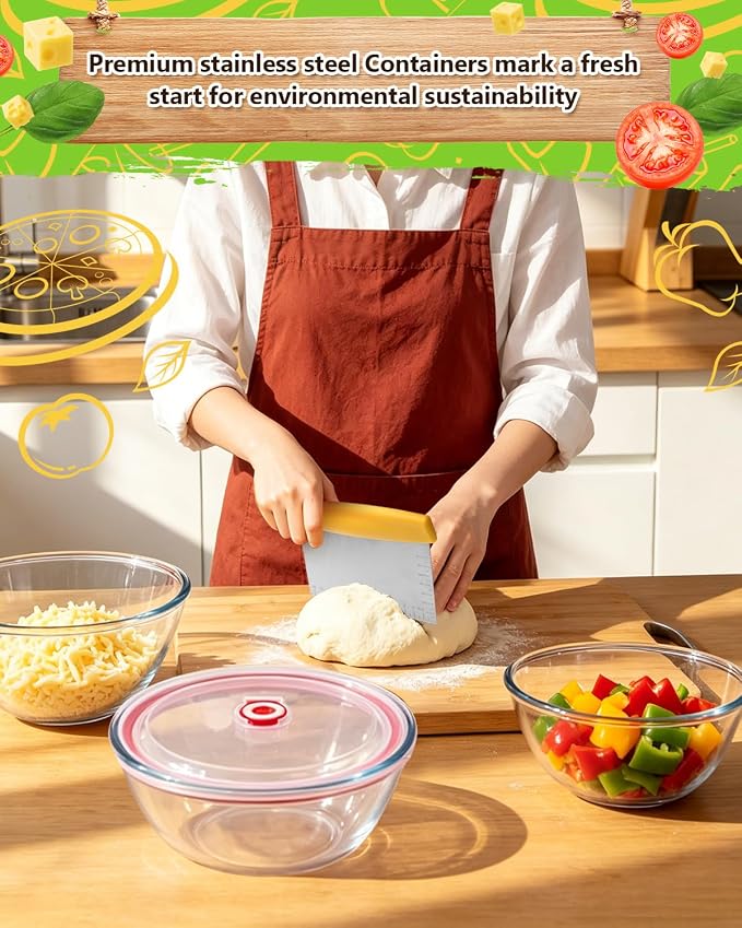 2 Pack Pizza Dough Proofing Container, 2000ML Glass Proofing Box with Clear Airtight Lid, Stackable Fermentation Storage for Dough Balls & Bread, Includes Cutter - Image 2