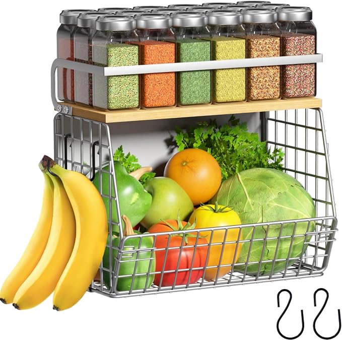 Magnetic Shelf for Fridge with Wood Lid, Fruit Potato and Onion Storage Bins, Pantry Organizers & Storage, Large Container Magnetic Spice Rack for Refrigerator, Kitchen Counter (Silver-gray, 1) by Ofiray-home