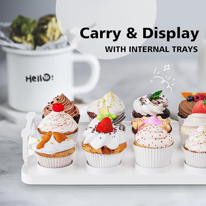 Two Tier Cupcake Carrier, White Stackable Cupcake Holder Carries for 24 Standard-Size Cupcakes, Reusable Detachable Cupcake Box - Image 3