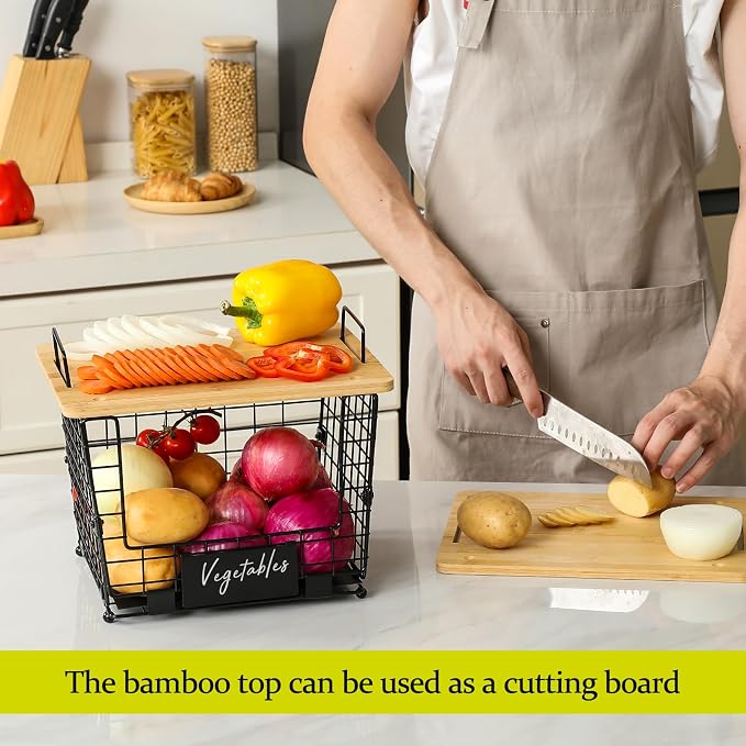 2 Set Large Stackable Wire Basket with Bamboo Tops & Tag- Pantry Organizer and Storage Bins, Kitchen Counter Cabinet Shelf Countertop Under Sink Organizing for Food Snack Produce Onion Potato Bread - Image 4