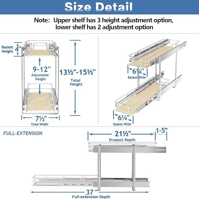 ROOMTEC 2 Tier Individual Pull Out Cabinet Organizer 7½"W x 21½"D, Slide Out Wood Shelves Organizers, Pull Out Drawers Organization and Storage for Kitchen Cabinet - Image 3