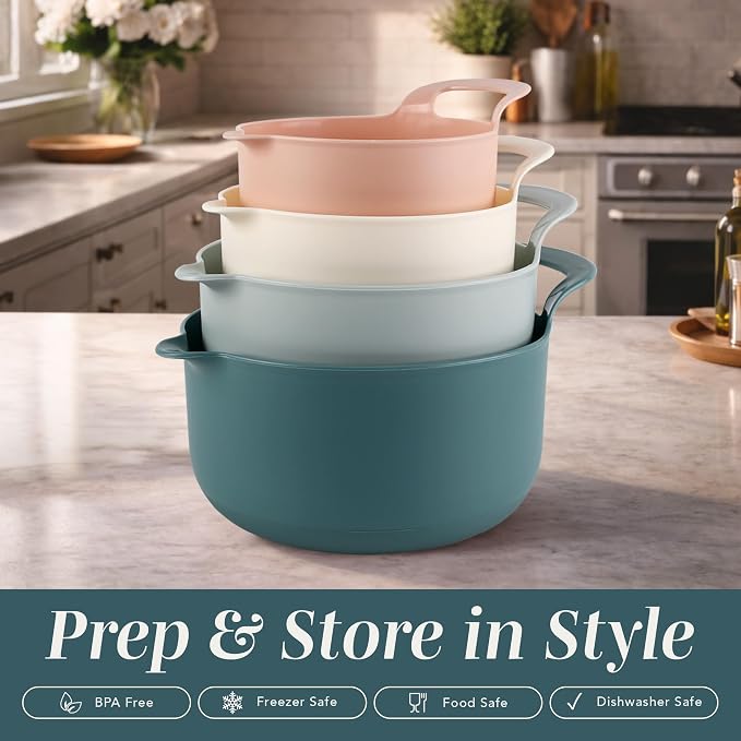 COOK WITH COLOR Nesting Plastic Mixing Bowl Set with Pour Spouts and Handles, Teal and Pink, 4 Piece Non-Slip - Image 3