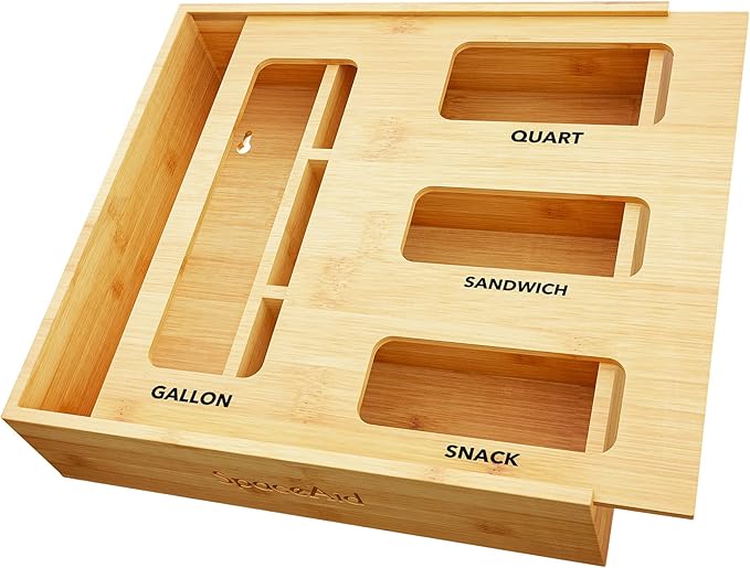 SpaceAid Bag Storage Organizer for Kitchen Drawer, Bamboo Organizer, Compatible with Gallon, Quart, Sandwich and Snack Variety Size Bag (1 Box 4 Slots) by SpaceAid
