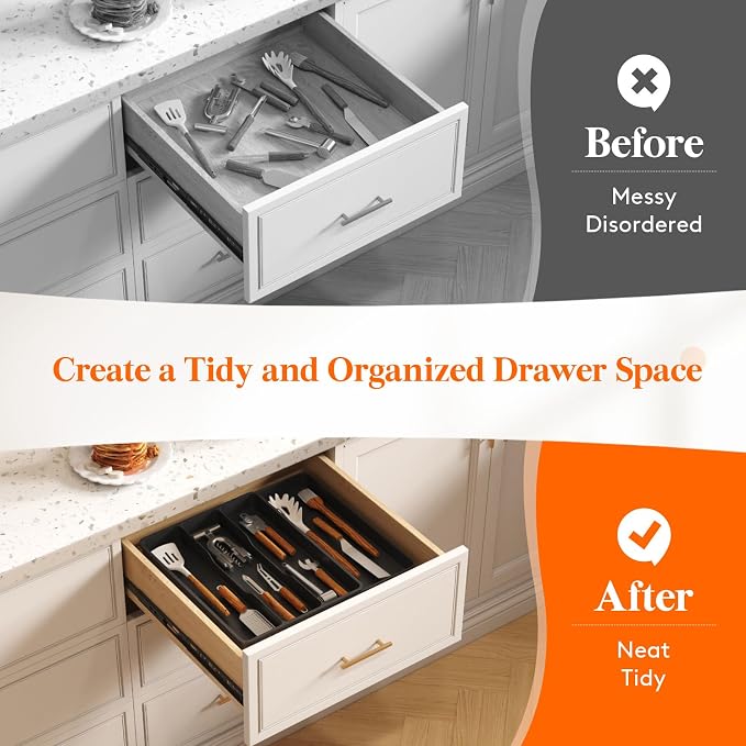 Lifewit Utensil Organizer for Kitchen Drawer, Expandable Cooking Silverware Tray, Adjustable Cutlery Flatware Holder, Plastic Spatula Tools Storage Divider, 17.3 x 15.8", Black - Image 7