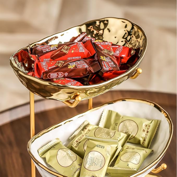 3-Tier Fruit Bowls for Kitchen Counter,Ceramic Bowl with Gold Metal Stand,3 Tier Fruit Basket for Fruit,Snack,Cake,Nuts,Dessert Storage - Image 5