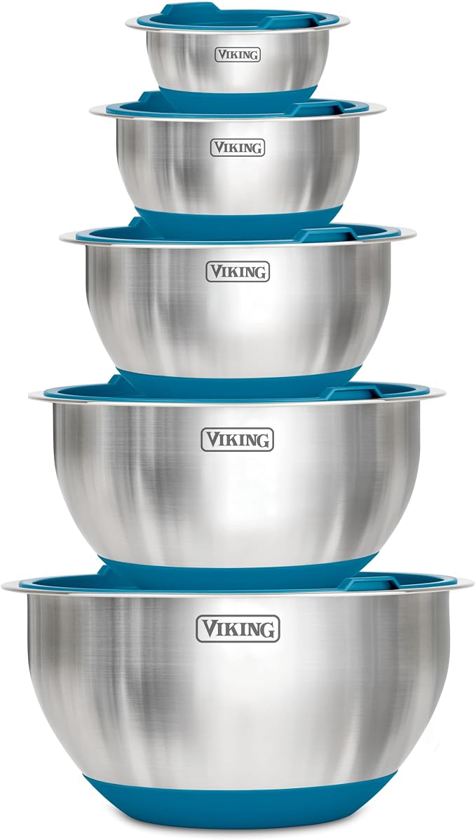 Viking Mixing Bowls Set, 10 Piece Stainless Steel Kitchen Cookware, Non-Slip Silicone Base, Includes Tight Fit Lids, Dishwasher Safe, Teal by Unknown