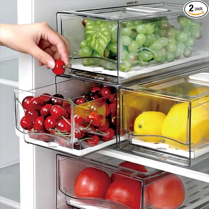 Fruit Storage Containers for Fridge with Strainer, BPA-Free Fridge Organizers and Storage, Stackable Clear Pull Out Refrigerator Organizers Drawer for Fruit,Vegetable,Produce,Berry,Food (2 Pack) by bealy