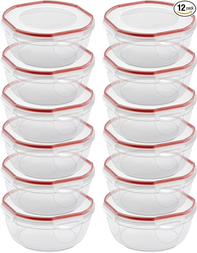 Sterilite Ultra-Seal 4.7 Qt Bowl, Large Airtight Food Storage Container, Latching Lid, Microwave and Dishwasher Safe, Clear With Red Gasket, 12-Pack by Sterilite