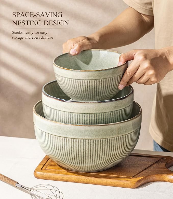 GBhome Ceramic Mixing Bowls Set of 3, Stoneware Nesting Serving Bowls, | 45/90/150 oz For Prep, Baking, Serving, Gift, Microwave and Dishwasher Safe, Ribbed Dishware Collection,Desert Sage - Image 7
