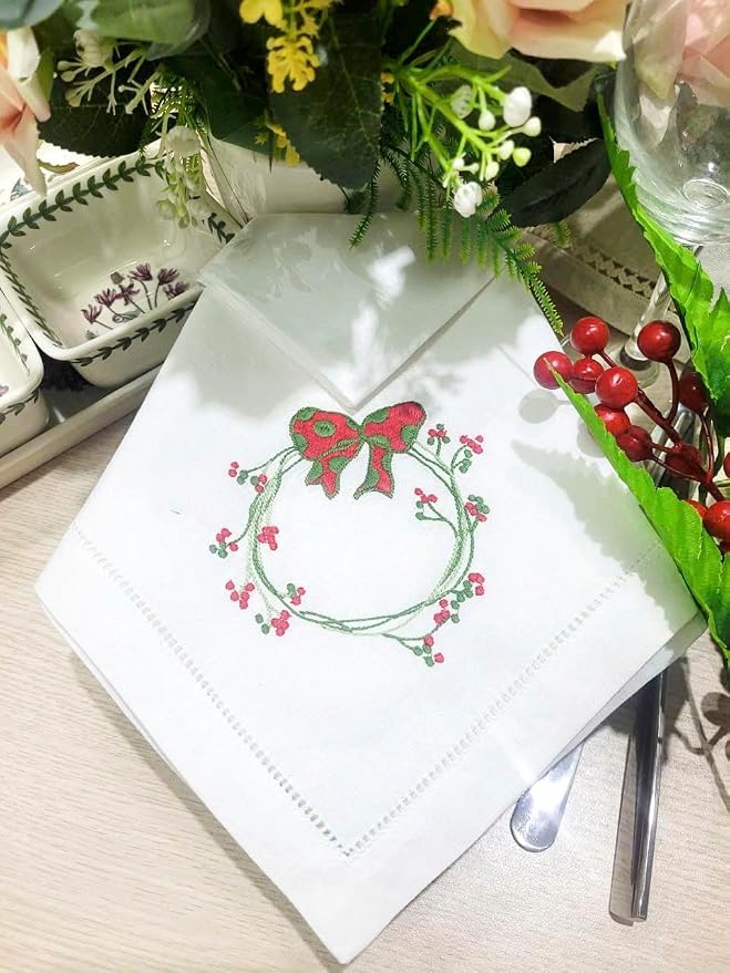 Embroidered Cloth Napkin Red Bow & Berry Wreath Christmas Cotton Napkins Set of 6, 20 x 20 Hemstitch Table Napkins, Machine Washable, Daily & Holidays, Great Gift Ideas - Image 2