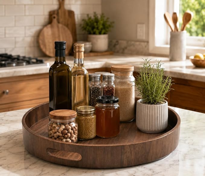 i-lan Wooden Lazy Susan Turntable-16inch Rotating Tray with Dual Handles & Silent Bearing for Kitchen Cabinet, Dining Table & Cake Decorating Organizer (Walnut Wood) - Image 5