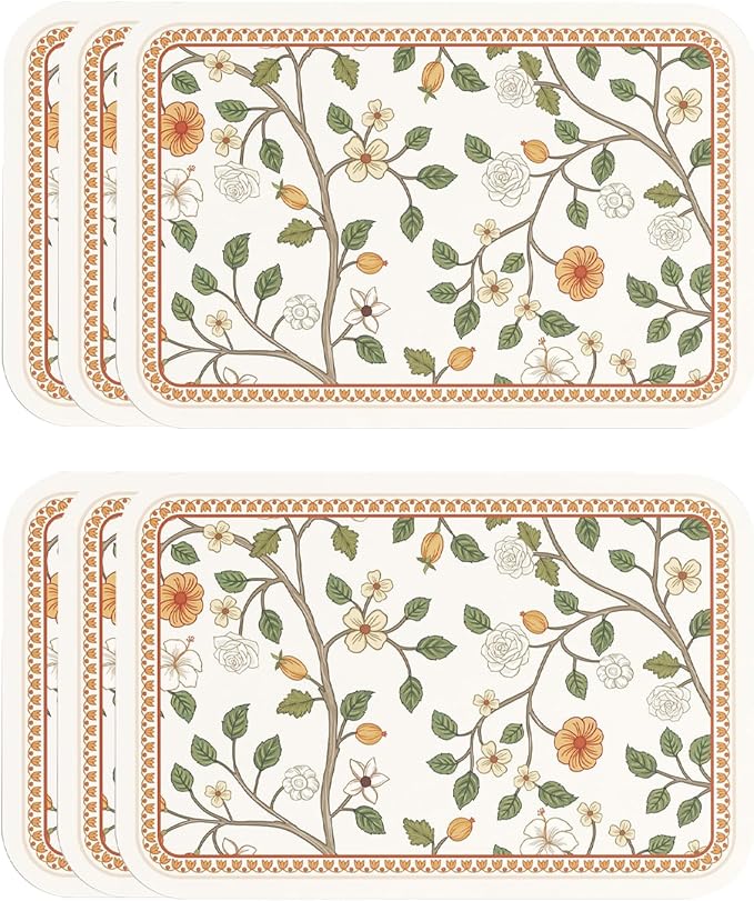 Vinyl Waterproof Placemats Set of 6 Rectangular,12"*17"-Flora A | Wipeable Beautiful Print Place Mats,Stain Resistant,Heat Resistant,Everyday Meals,Kitchen,Dinning,Holiday,Decor by Isaennehomedecoration