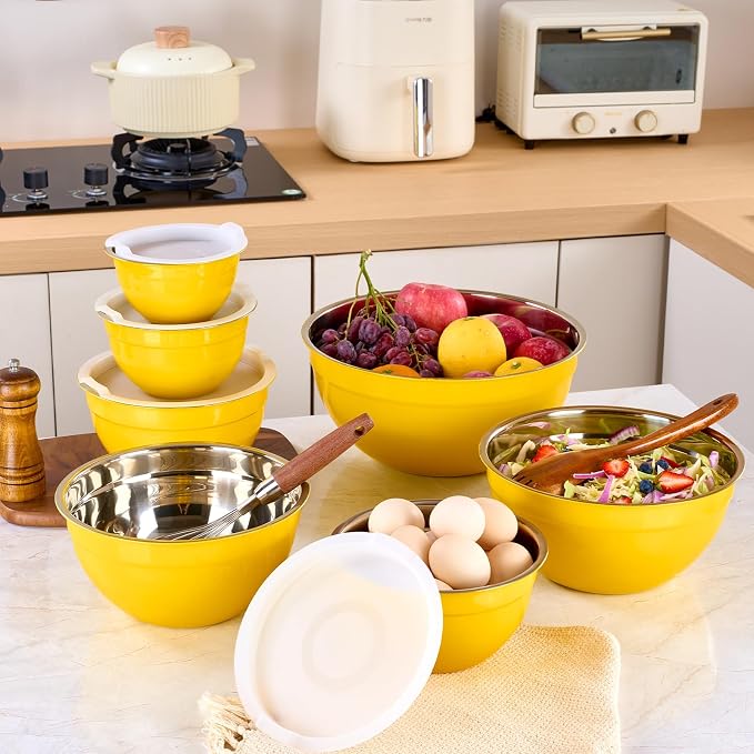 Yellow Mixing Bowls with Lids Set of 7, Stainless Steel Nesting Bowl with Khaki Lid for Non-slip Mixing Prepping Storing Serving, 7 Sizes-7/3.6/2.7/2.1/1.5/1/0.8 QT - Image 9