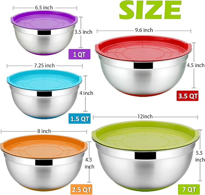 P&P CHEF Mixing Bowls with Lids Set of 5, Stainless Steel Nesting Salad Bowl with Lid & Base for Non-slip Mixing Prepping Storing Serving, 5 Sizes-7/3.5/2.5/1.5/1 QT, Multicolor - Image 7