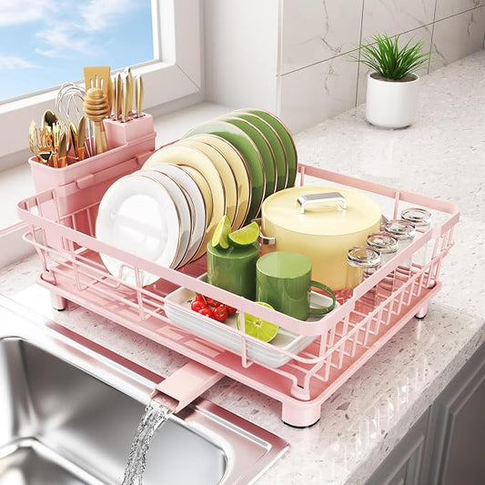 Dish Drying Rack - Space Saving Dish Rack - Dish Racks for Kitchen Counter with Drainboard,Rustproof Dish Drainer with Removable Utensil Holder,Pink by Ricobes