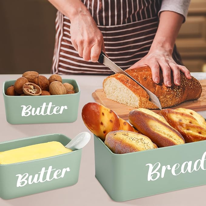 Hushee Metal Bread Box and Butter Dish with Bamboo Cutting Board Lid and Knife Bread Storage Container Breadbox for Kitchen Counter Butter Organizer for Kitchen Countertop Decoration(Sage Green) - Image 4