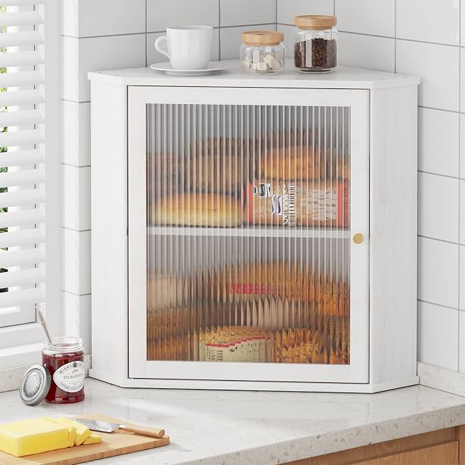 Kitsure Wooden Corner Bread Box for Kitchen Countertop, Large, White | 2-Tier Bread Container with Magnetic Acrylic Door, Kitchen Counter Organizer for Snacks, Loaves,, Homemade Bread Storage by Kitsure