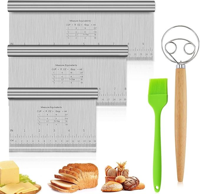 Set of 3 Stainless Steel Dough Scrapers, 15/20/25 cm, Non-Stick Dough Card with Dough Stirrer, Pastry Brush, Dough Cutter, Dough Spatula with Measuring Scale, Cake Scraper for Bread Shaping, Bread by DHSWNNG