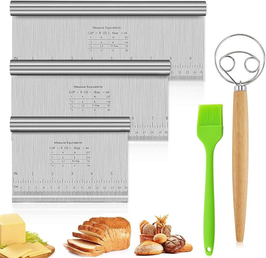 Set of 3 Stainless Steel Dough Scrapers, 15/20/25 cm, Non-Stick Dough Card with Dough Stirrer, Pastry Brush, Dough Cutter, Dough Spatula with Measuring Scale, Cake Scraper for Bread Shaping, Bread by DHSWNNG