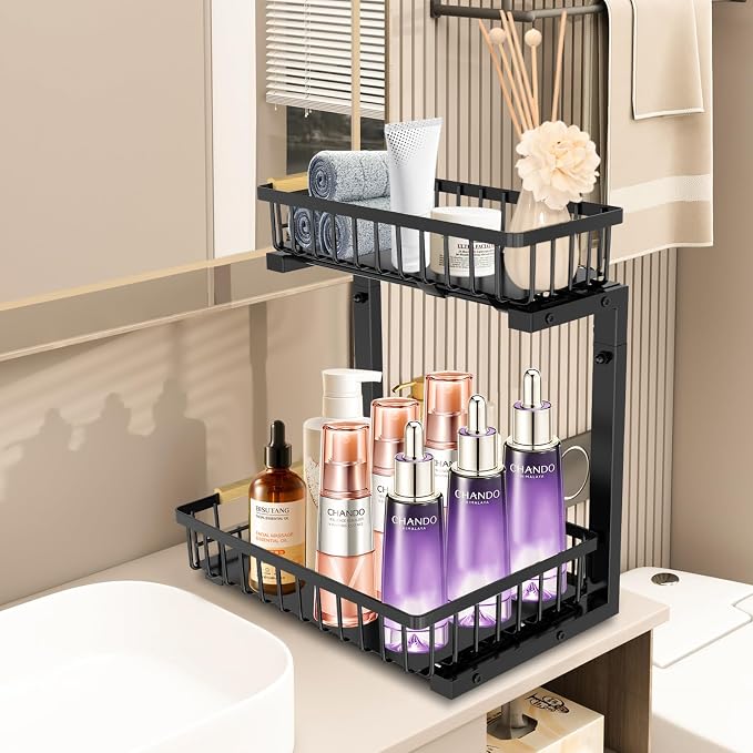 Under Sink Organizer and Storage: 2-Tier Adjustable Height Under Sink Bathroom Organizers Multi-Purpose Bathroom Cabinet Pull Out Drawers for Kitchen with Hooks (Black) - Image 3