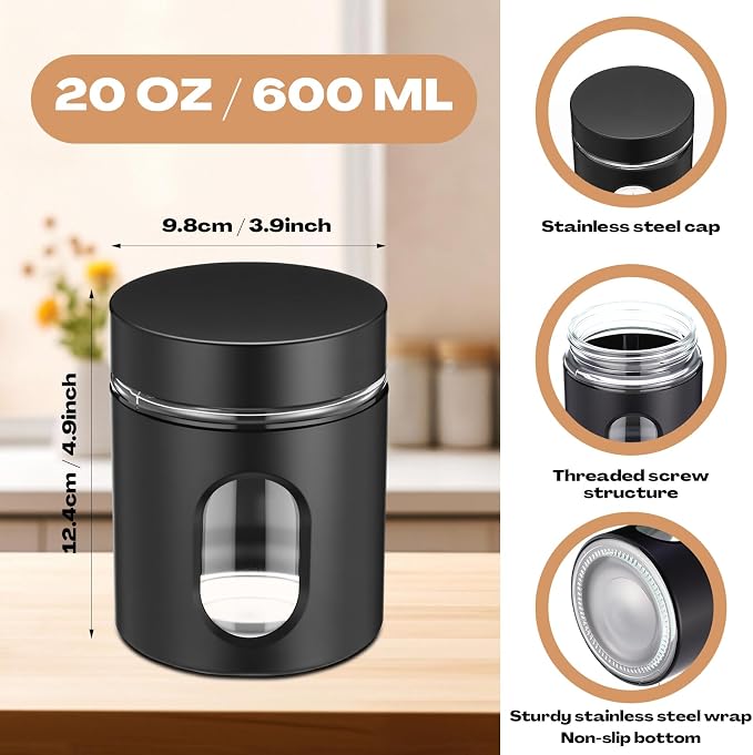 Patelai 6 Pack Kitchen Canisters Set 20 oz Airtight Stainless Steel Canister Food Storage Container with Window Glass, Coffee Sugar Candy Jars Tea Organizer for Flour Cookies Spice Kitchen (Black) - Image 2