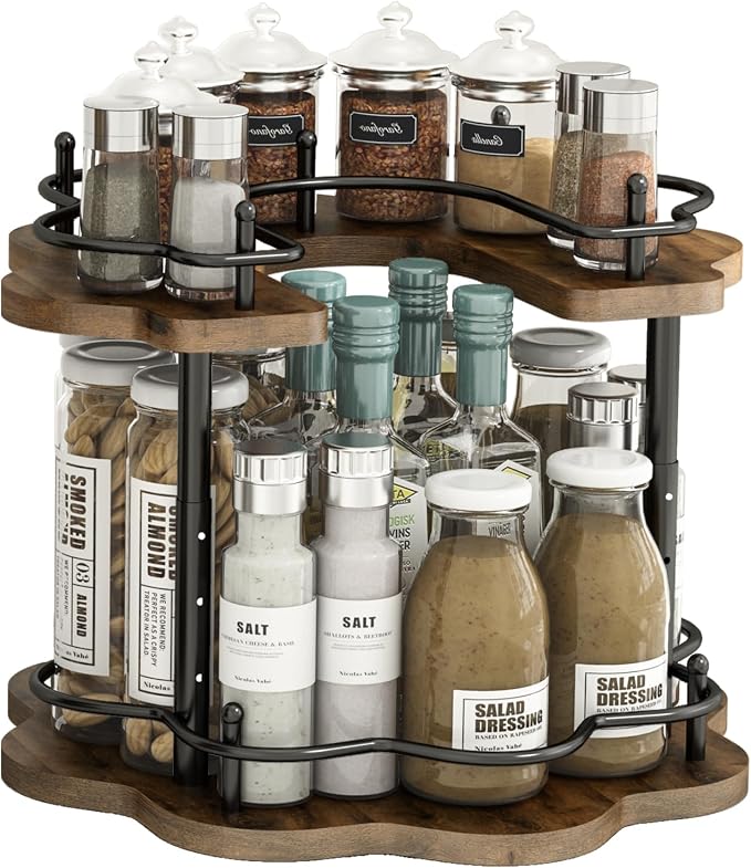 2 Tier Lazy Susan Organizer,2-Tier Spinning Spice Rack with Stable Carousel Base & 4 Height Settings for Cupboard Kitchen Countertop Dining Table Cupboard (Petal Shape) by LIAISIMI