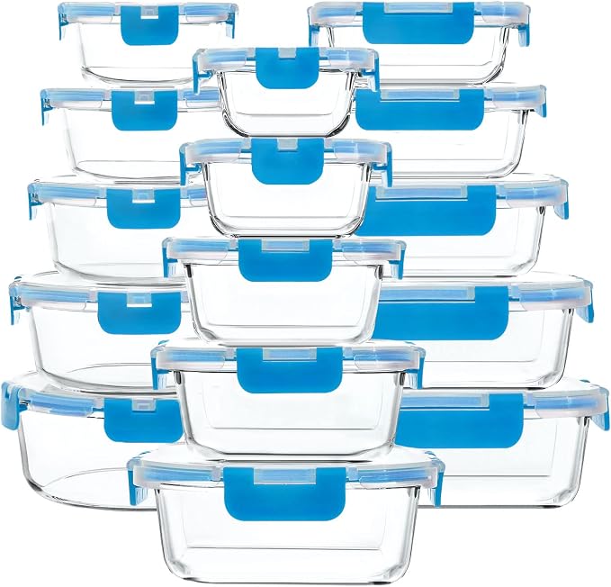 M MCIRCO 30 Pieces Glass Food Storage Containers with Upgraded Snap Locking Lids,Glass Meal Prep Containers Set - Airtight Lunch Containers, Microwave, Oven, Freezer and Dishwasher Friendly, Blue by MMCIRCO