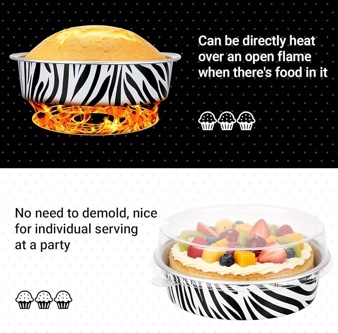 Beasea Mini Tart Pans with Lids 20 Pack, 4" 7.3oz Disposable Aluminum Foil Baking Tins Cups Round Pie Container for Individual Cupcake Dessert Muffin Cheesecake Quiche - Zebra Stripes - Image 3