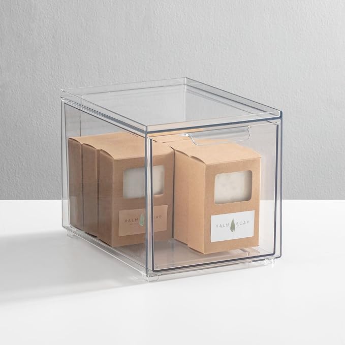 mDesign Plastic Stackable Bathroom Storage with Pull Out Bin Organizer Drawer for Cabinet, Vanity, Shelf, Cupboard, Cabinet, or Closet Organization - Lumiere Collection - 4 Pack - Clear - Image 3
