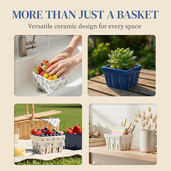 Ceramic Berry Basket, Farmhouse Colander, Farmers Market square Bowl. Rustic Kitchen decor fruit bowls, Fruit Baskets, Bleu White and Blueberry pattern Stoneware Harvest Bowls Set of 4 | Blue, white and blueberry designs, stoneware, dishwasher safe, dr... - Image 5