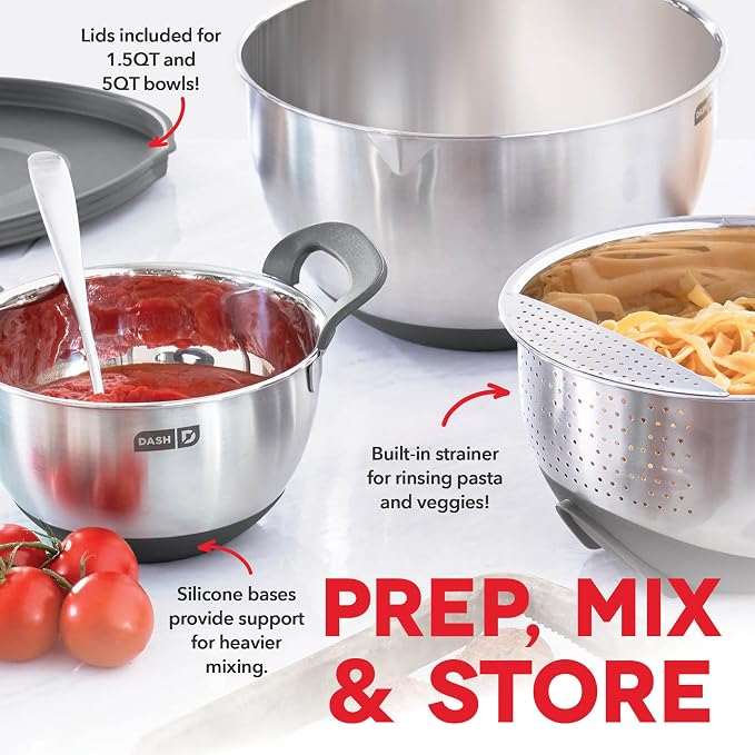 DASH Stainless Steel Mixing Bowls with Lids, Silicone Non-Slip Base with Measuring Lines and Strainer, 3 Bowl Set - 1.5 Quart, 3 Quart, & 5 Quart - Grey - Image 2