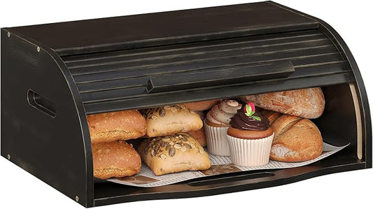 Trironsun Bamboo Roll Top Bread Box for Kitchen Countertop Large Capacity Bread Storage Bin Wooden Bread Storage Organizer Natural Breadbox for Food Storage (Antique Black) by TrironsunHome