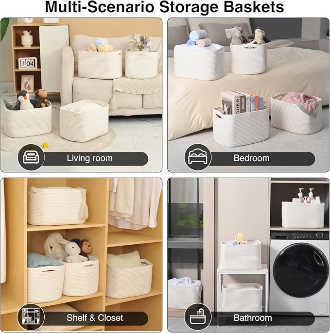 ICERZCZ Storage Baskets for Organizing & Shelves, Woven Cotton Rope Organization Bins for Dog Toys, Clothes, Books, Nursery Organizer, 15"Lx11''Wx9.5''H, (4 Packs) Off White - Image 5