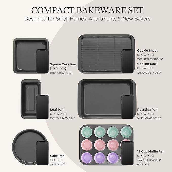 KITESSENSU Compact Baking Pans Sets, Nonstick Bakeware Sets 19-Piece with Round/Square Cake Pan, Loaf Pan, Muffin Pan, Cookie Sheet, Roast Pan, Cooling Rack, Carbon Steel Bake Set - Image 2