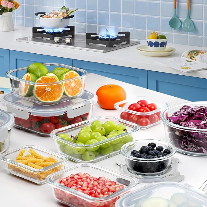 VERONES 30 Pieces Glass Food Storage Containers Set with Lids, White | Stackable Glass Meal Prep Containers Set with Lids, Airtight Lunch Containers, for Microwave, Oven, Freezer & Dishwasher - Image 7