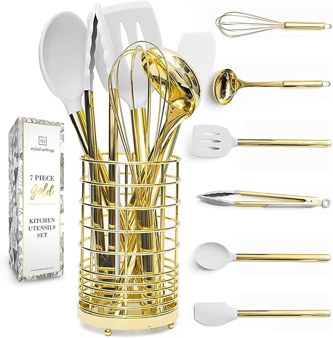 Styled Settings White and Gold Kitchen Utensils, 7-Piece | Nonstick Silicone Cooking Utensils Set with Gold Utensil Holder, White and Gold Kitchen Accessories for Modern Kitchens by STYLEDSETTINGS