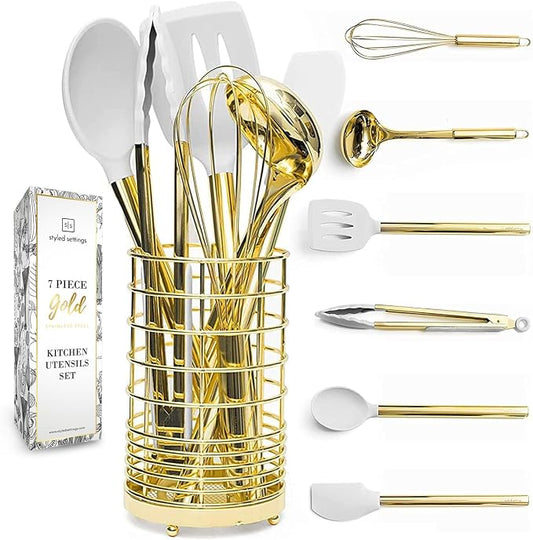 Styled Settings White and Gold Kitchen Utensils, 7-Piece | Nonstick Silicone Cooking Utensils Set with Gold Utensil Holder, White and Gold Kitchen Accessories for Modern Kitchens by STYLEDSETTINGS