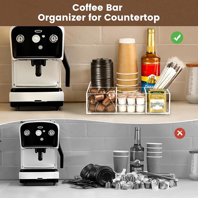 BEYGORM Acrylic Coffee Bar Station Organizer for Countertop | Office Breakroom Clear Snack Tea Storage Accessories Holder for Kcup Pod Condiment Cup Creamer Syrup, Gift for Coffee Lovers - Image 2