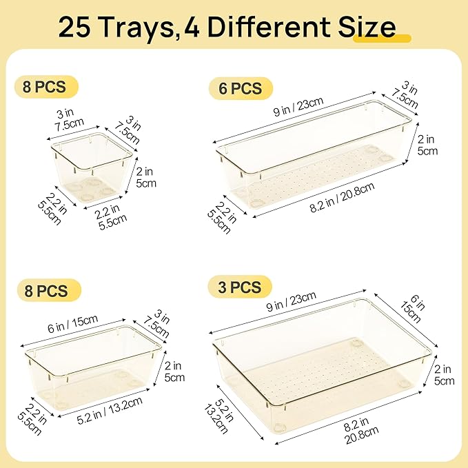 Vtopmart 25 Pack Plastic Drawer Organizers with Non-slip Rubber Pads | 4-Size Versatile Makeup Organizer, Storage Containers Small Bins for Makeup, Jewelries, Bedroom, Kitchen Utensils and Office - Image 7