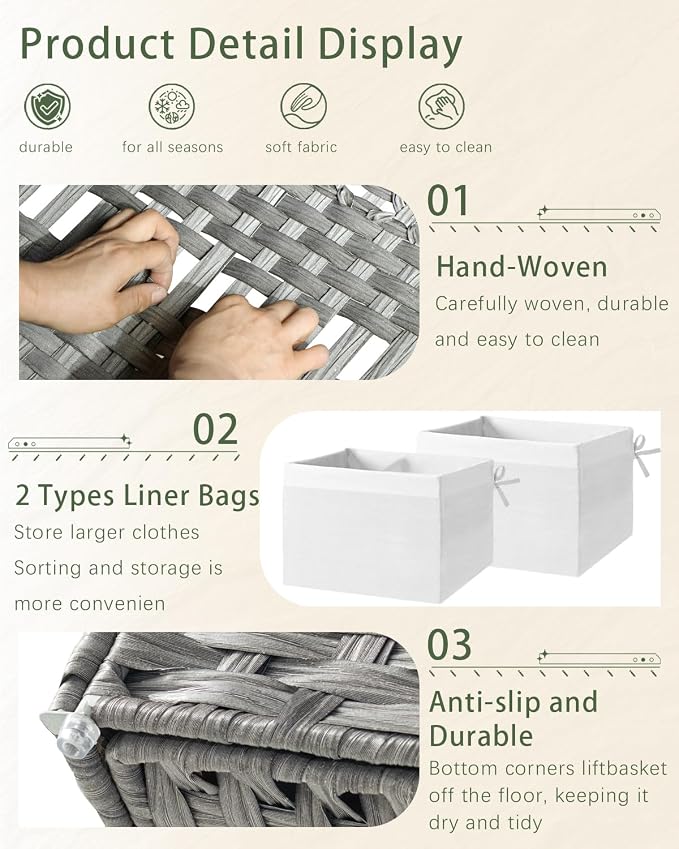 SETVSON Storage Basket with Lid PE Rattan 27.8 Gal Wicker Chest, Gray | 105L Woven Wicker Baskets with 2 Separate Lids, 2 Removable, washable linings, Sturdy Iron Frame, 25.2 x 15.4 x 16.1 Inches - Image 3