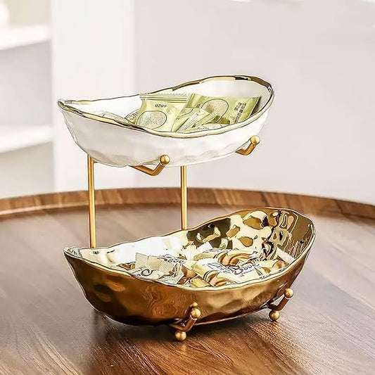 2-Tier Fruit Bowls for Kitchen Counter,Ceramic Bowl with Gold Metal Stand,2 Tier Fruit Basket for Fruit,Snack,Cake,Nuts,Dessert Space Saving Storage by Afeyibu